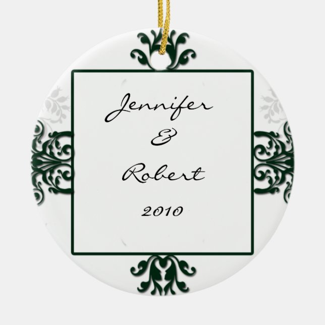 Grüner und weißer silberner Damast Keramikornament (Vorne)