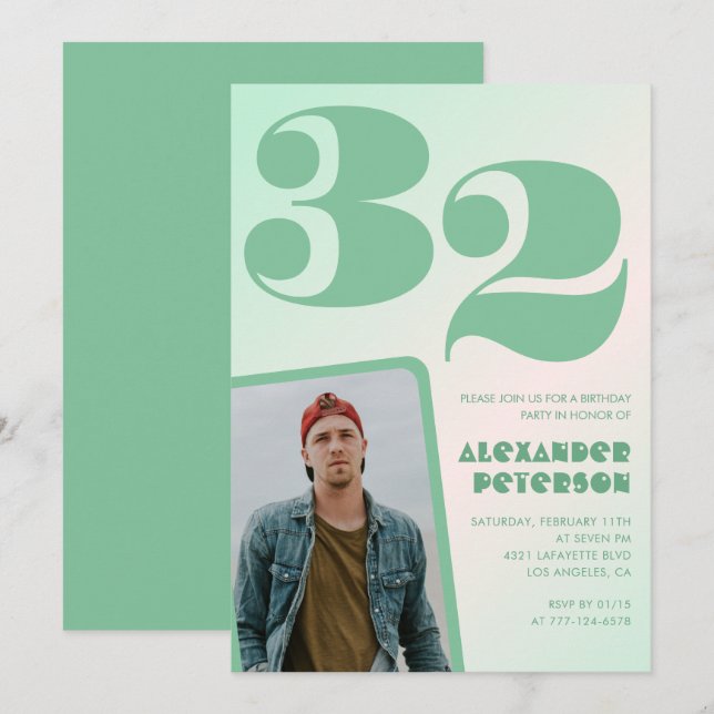 Grüner Verlauf 32. Geburtstag Einladungen Boy Foto (Vorne/Hinten)