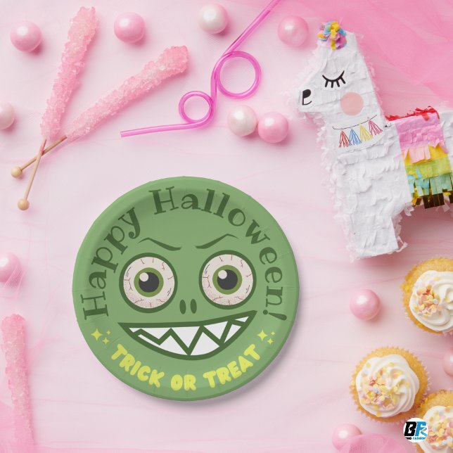 Grüner verspielter Monster Halloween Pappteller (Von Creator hochgeladen)