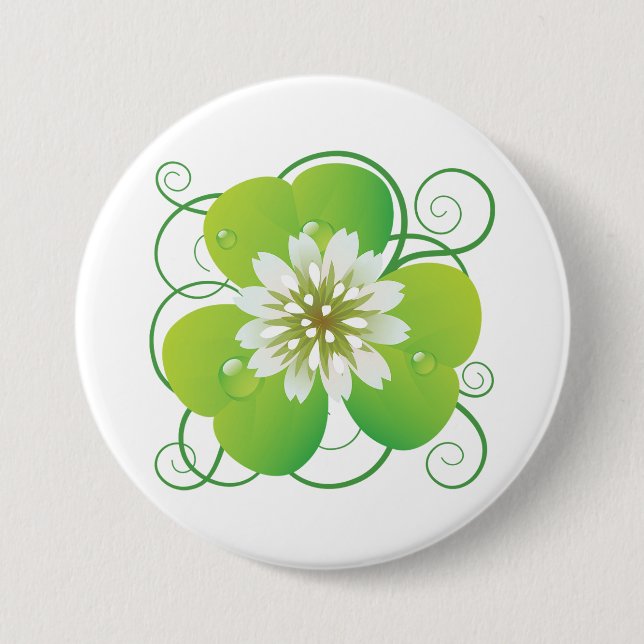 Grüner vierblättriger Kleeblatt mit weißer Blüte Button (Vorderseite)