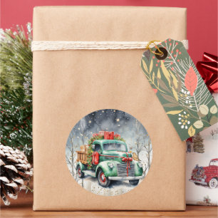 Grüner Vintage-LKW Winterwald Weihnachtsgeschenke Runder Aufkleber