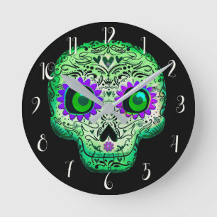 Grüner & Violetter leuchtender Zuckerschädel Schwa Runde Wanduhr