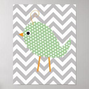 Grüner Vogel mit Punkten, graues Chevron-Kinderzim Poster