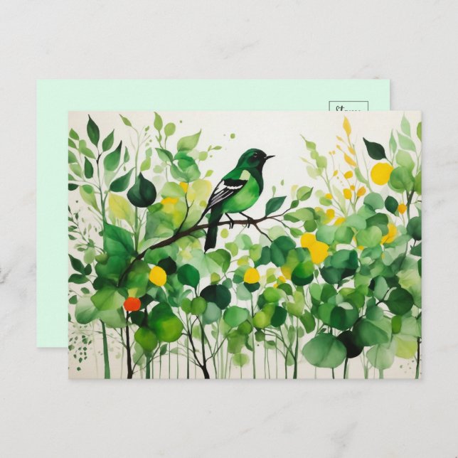 Grüner Vogel Stehend an einem Zweig Postkarte (Vorne/Hinten)