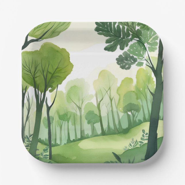 Grüner Wald | Luftige Aquarell-Landschaft Pappteller (Vorderseite)