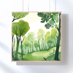 Grüner Wald Luftige Aquarell-Landschaft Poster