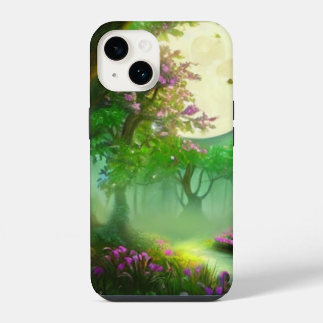 Grüner Wald und Vollmond iPhone Hülle (Rückseite)