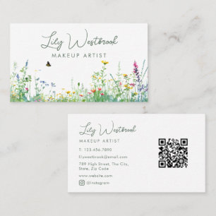 Grüner Wasserfarben-Wildblumen-Blumen-Schrift-QR-C Visitenkarte