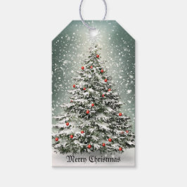 Grüner Weihnachtsbaum Bunte Ornamente Weißer Schne Geschenkanhänger