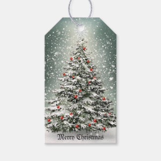 Grüner Weihnachtsbaum Bunte Ornamente Weißer Schne Geschenkanhänger