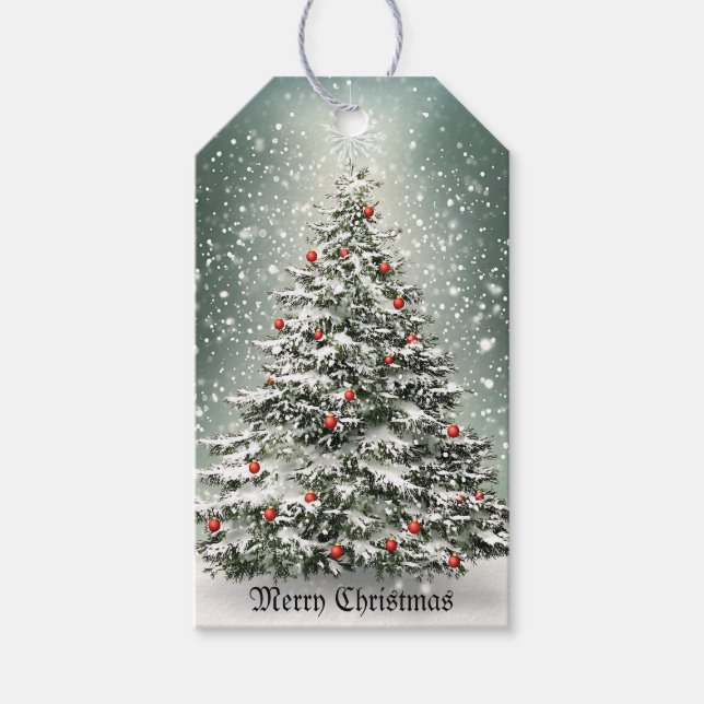 Grüner Weihnachtsbaum Bunte Ornamente Weißer Schne Geschenkanhänger (Vorderseite)