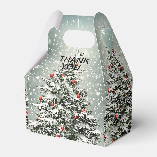 Grüner Weihnachtsbaum Bunte Ornamente Weißer Schne Geschenkschachtel (Vorderseite)