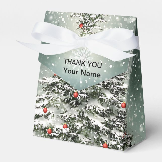 Grüner Weihnachtsbaum Bunte Ornamente Weißer Schne Geschenkschachtel (Vorderseite)