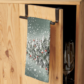 Grüner Weihnachtsbaum Bunte Ornamente Weißer Schne Geschirrtuch