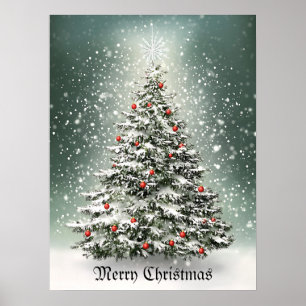 Grüner Weihnachtsbaum Bunte Ornamente Weißer Schne Poster
