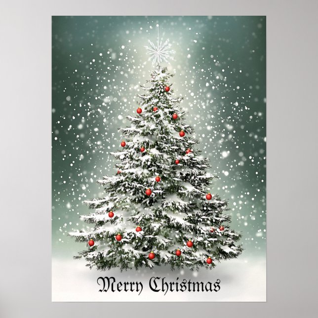 Grüner Weihnachtsbaum Bunte Ornamente Weißer Schne Poster (Vorne)