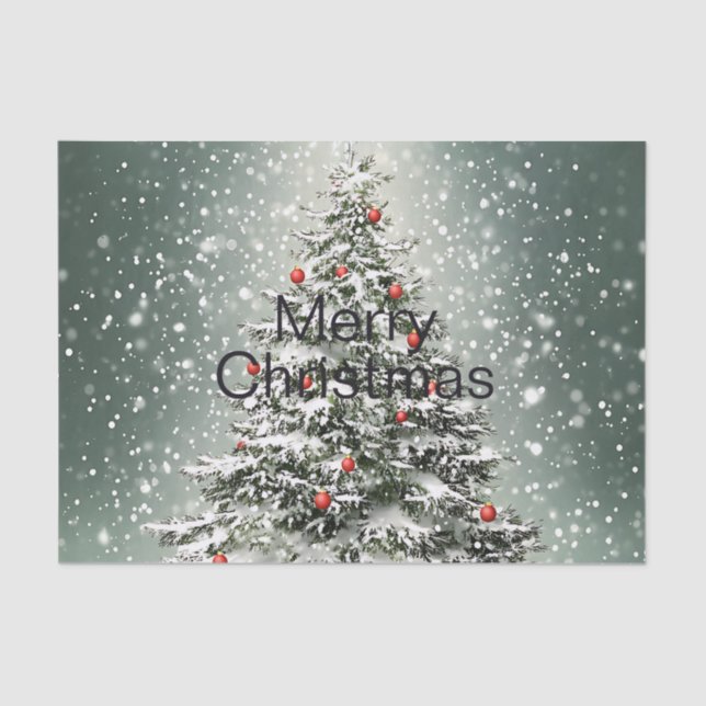 Grüner Weihnachtsbaum Bunte Ornamente Weißer Schne Seidenpapier (Vorderseite)
