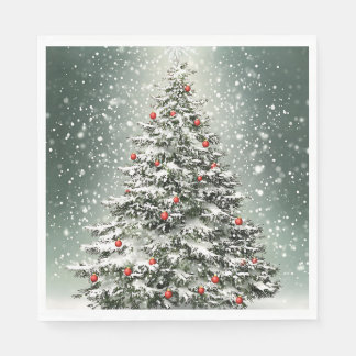 Grüner Weihnachtsbaum Bunte Ornamente Weißer Schne Serviette