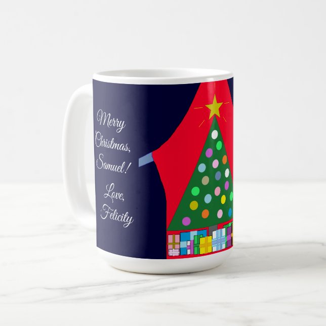 Grüner Weihnachtsbaum mit Blue Drapes: Kaffeetasse (Vorderseite Links)