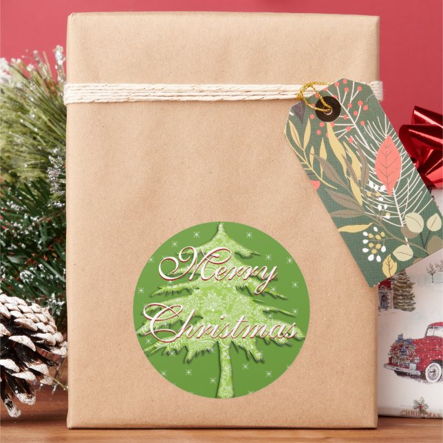 Grüner Weihnachtsbaum mit Sternen Runder Aufkleber (Feiertag)