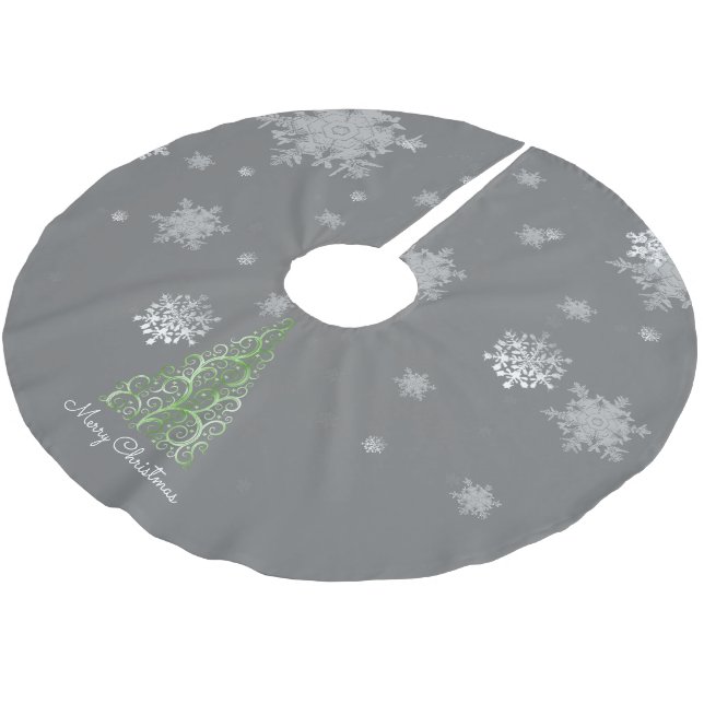 Grüner Weihnachtsbaum und Schneeflocken Baumrock Polyester Weihnachtsbaumdecke (Schrägansicht)