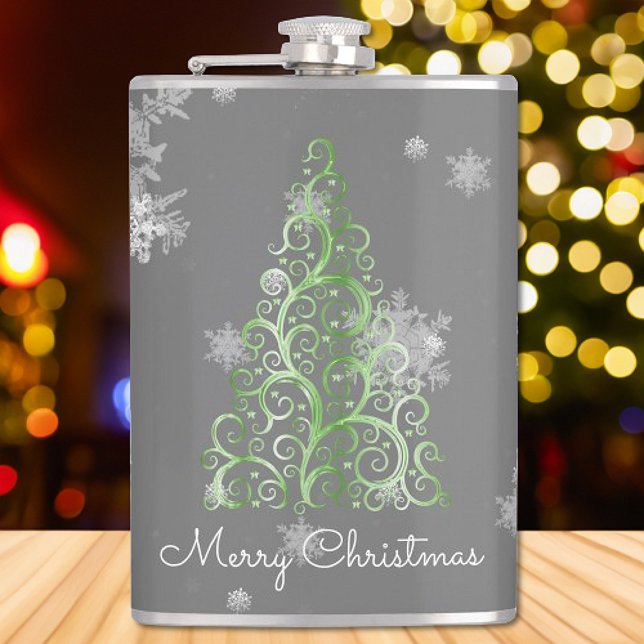 Grüner Weihnachtsbaum und Schneeflocken Flachmann (Green Christmas Tree and Snowflakes Flask)