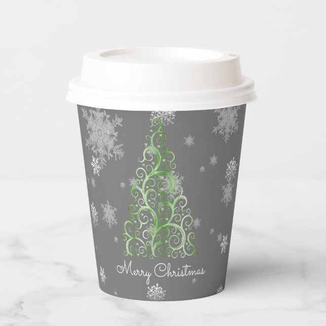 Grüner Weihnachtsbaum und Schneeflockenpapier-Cup Pappbecher (Vorderseite)