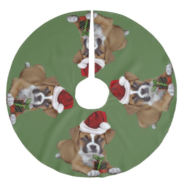 Grüner Weihnachtsboxer-Welpen-Baum-Rock Polyester Weihnachtsbaumdecke (Vorderseite)