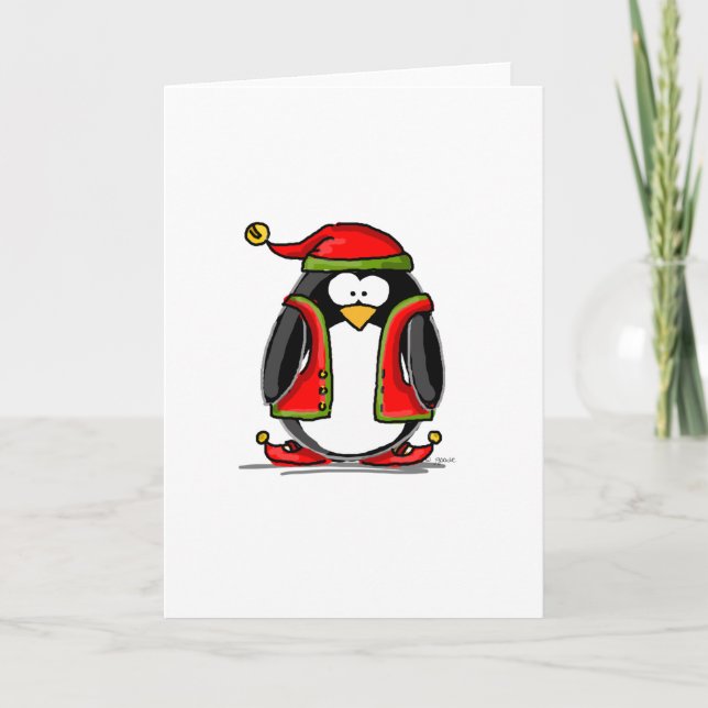 Grüner Weihnachtself-Pinguin Feiertagskarte (Vorderseite)