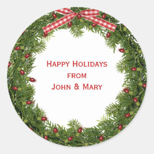 grüner Weihnachtskranz mit roter Lichtzeichenfolge Runder Aufkleber