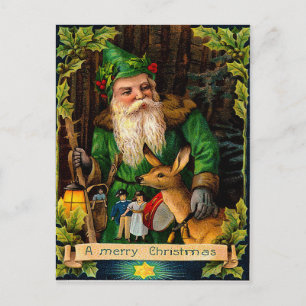 Grüner Weihnachtsmann in einem Wald mit einem Reh Feiertagspostkarte