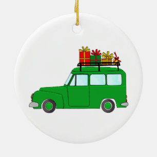 Grüner Weihnachtswagen mit Geschenken Keramik Ornament
