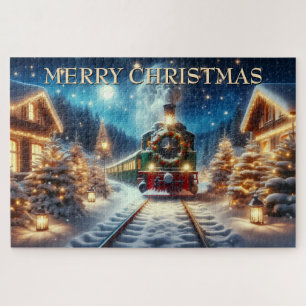 Grüner Weihnachtszug im schneebedeckten Dorf Puzzle