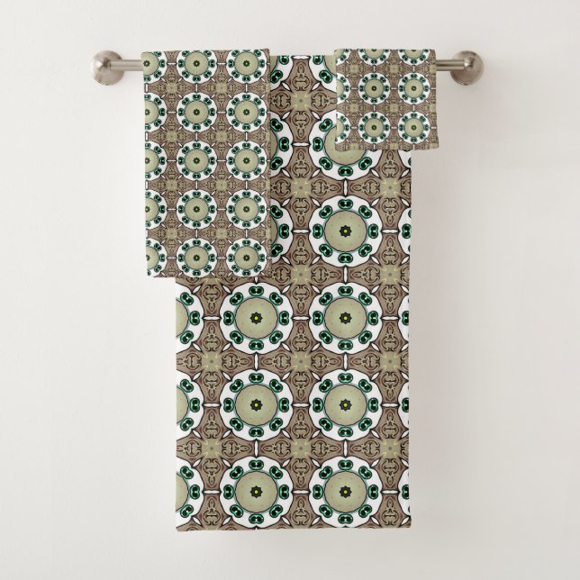 Grüner, weißer und brauner Mandala  Badhandtuch Set (Insitu)