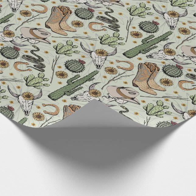 Grüner Western Laughing Cowboy Skull & Cactus Geschenkpapier (Ecke)
