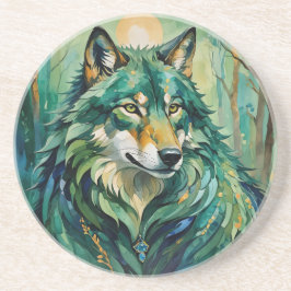 Grüner Wolf im Untersetzer Sandstein des Waldes