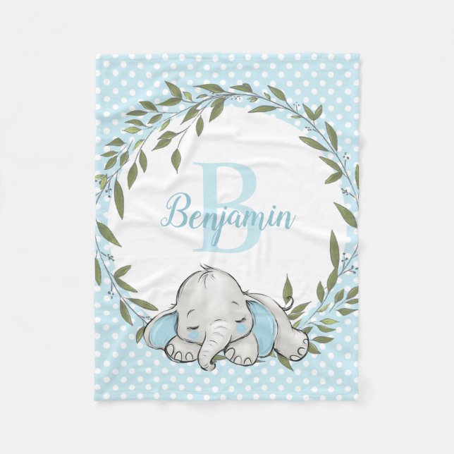 Grüner Wreath Blauer Elefant Personalisiert Boy Fleecedecke (Vorderseite)