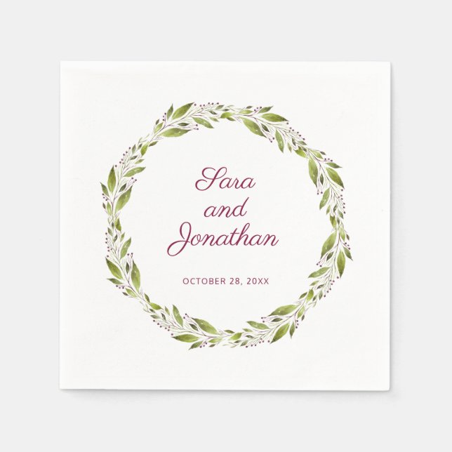 Grüner Wreath mit Burgunder-Blumen Wedding | Serviette (Vorderseite)