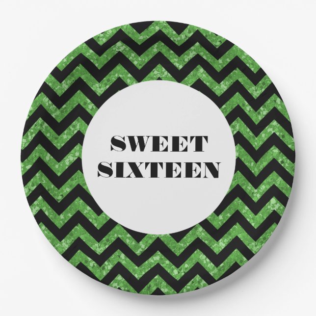 Grüner Zickzack Glitzer Sweet 16 Paper Tellers Pappteller (Vorderseite)