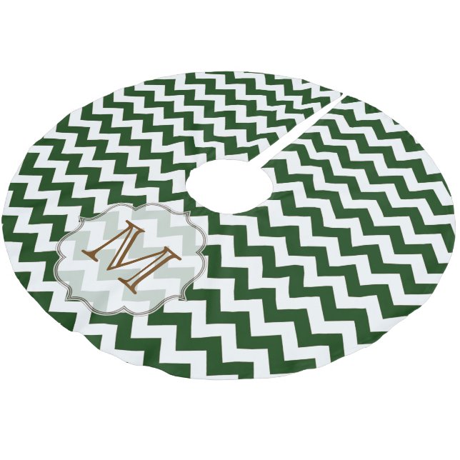 Grüner Zickzack Streifen Monogram, anfänglicher Tr Polyester Weihnachtsbaumdecke (Schrägansicht)