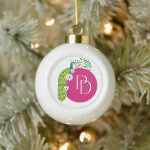#GrünerPfauSchneeflockeEingerahmtOrnament Keramik Kugel-Ornament