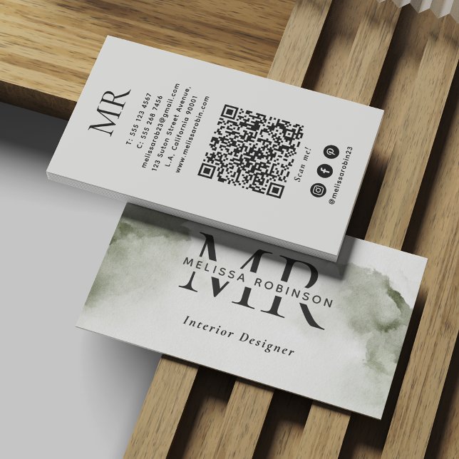 Grünes abstraktes Aquarell mit Monogramm & QR-Code Visitenkarte (Von Creator hochgeladen)