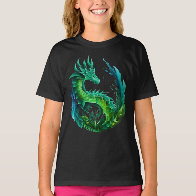 Grünes Abstraktes Drachendesign T-Shirt (Vorderseite)