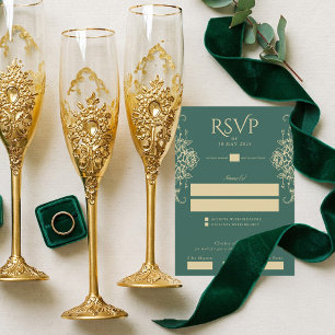 Grünes altes Geld Vintage-Wappen Hochzeit RSVP Karte