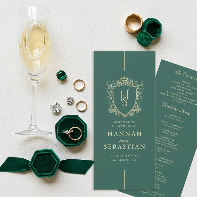 Grünes altes Geld Vintage-Wappen Hochzeitsprogramm (Green Vintage  Old Money Wedding Program)