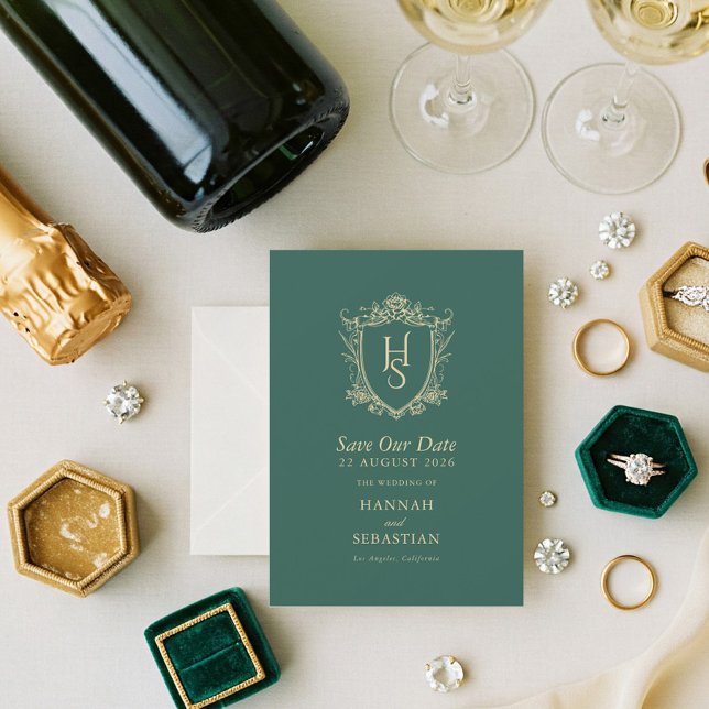 Grünes altes Geld Vintages Wappen Hochzeit Save The Date (Green Old Money Theme Wedding Save The Date Card)