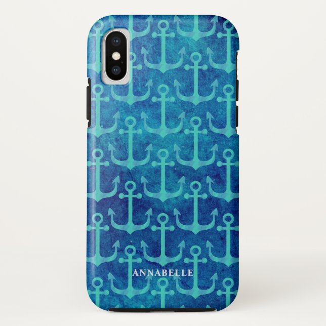 Grünes Ankermuster Blau Wasserfarbe Case-Mate iPhone Hülle (Rückseite)
