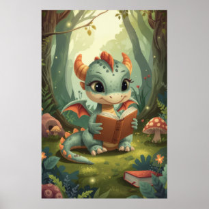 Grünes Aquarell-Lesebaby-Drache-Wald Poster