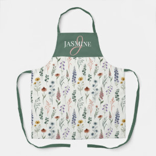 Grünes Aquarell-Wildblumen-Boho-Monogramm-Name Schürze