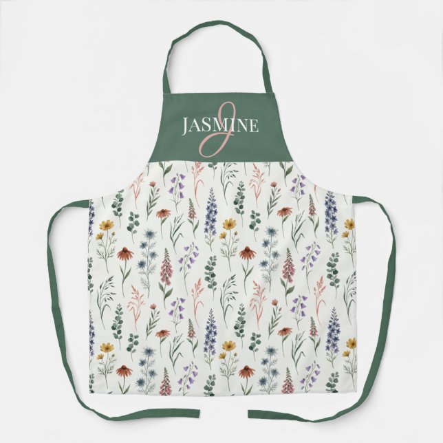 Grünes Aquarell-Wildblumen-Boho-Monogramm-Name Schürze (Vorderseite)